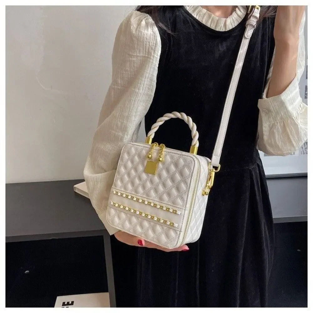 White Boxy Shape Quilted Accent Satchel Shoulder Handbag With Gold Trimming